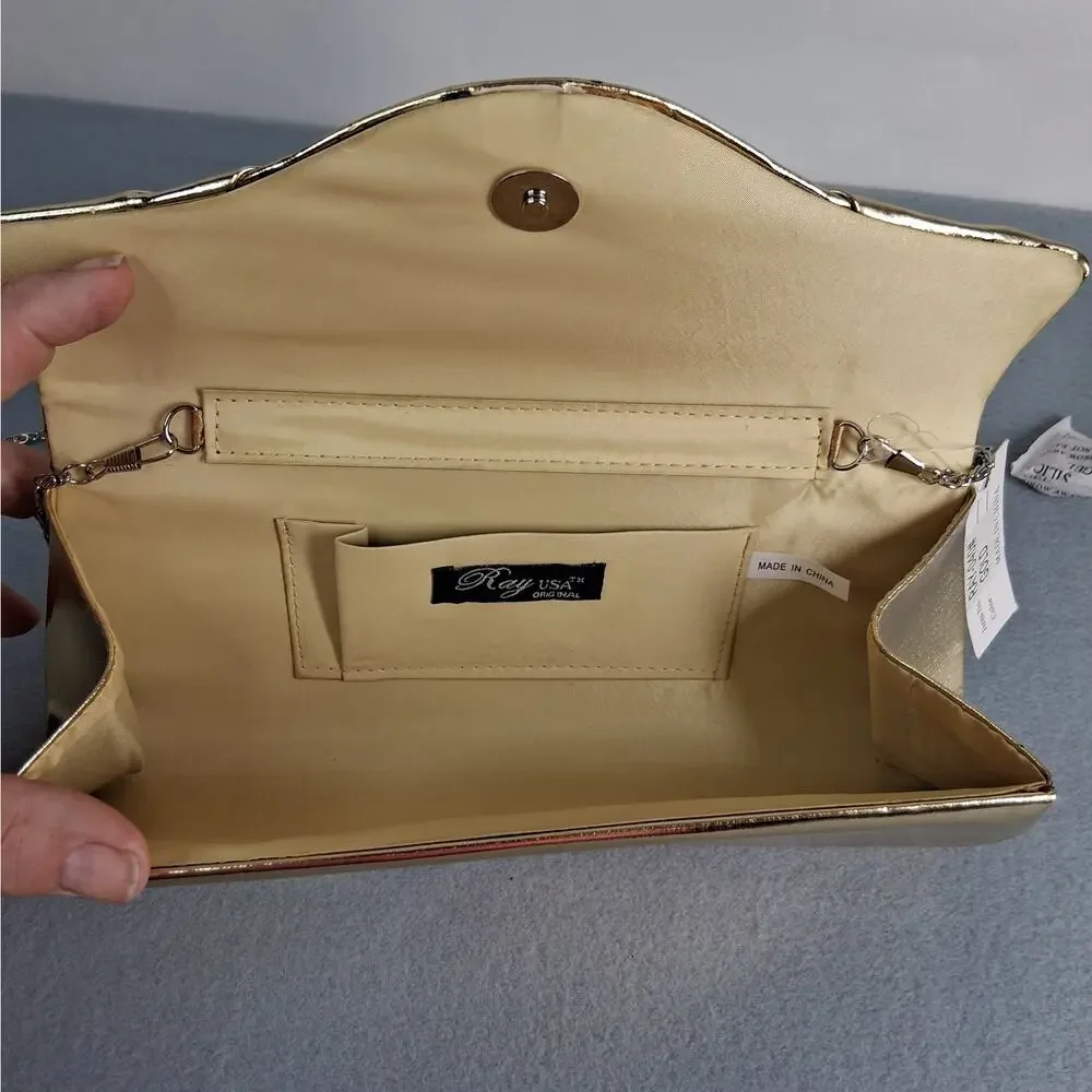Ray USA Formal Bag Purse Gold Colored w/ Rhinestones Clutch Shoulder Crossbody